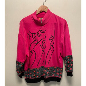 Vintage Womens Sweater Medium Fuschia Abstract Print Mock Neck Wacky Artsy 90s